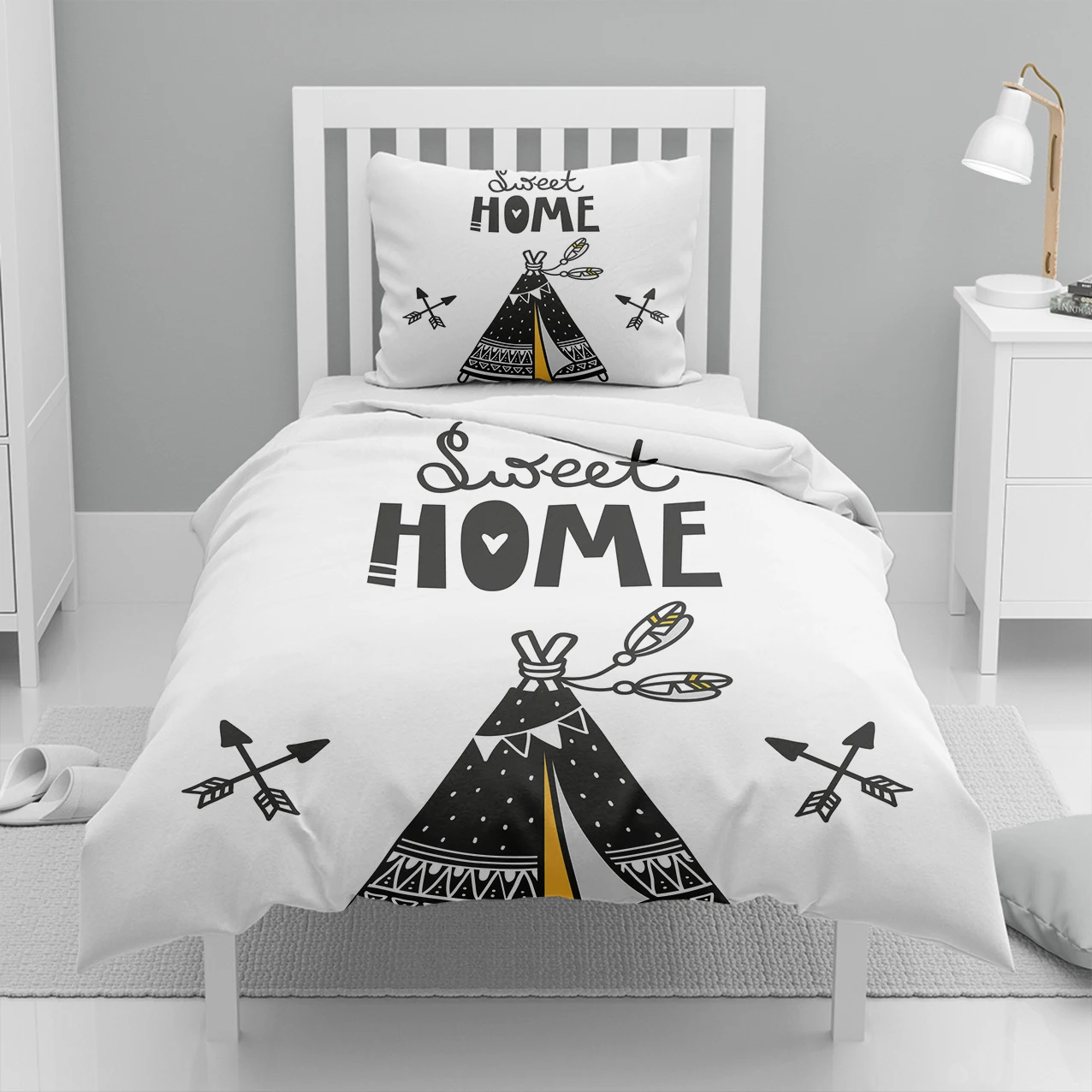 

Else 4 Pcs Black White Yellow Tent Sweet Homes 3D Print Cotton Satin Chidren Kids Duvet Cover Bedding Set Pillow Case Bed Sheet