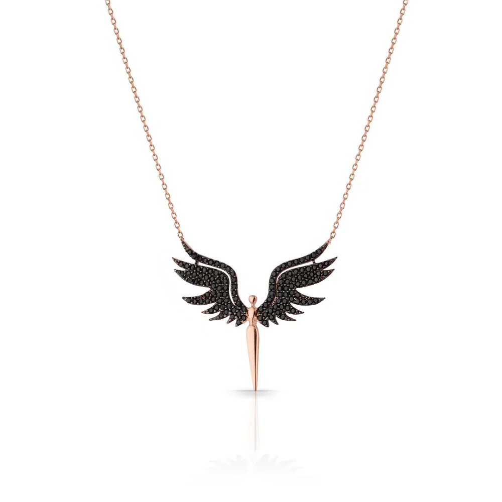 Stylish Guardian Angel Pendant Featuring Black Zircon Necklace Jewelry Sterling Silver with Chain