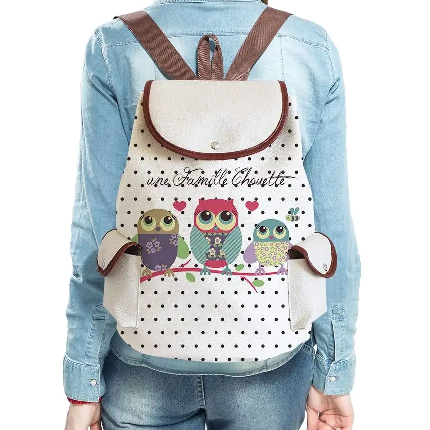 Cute Owl Printed Backpack Girls Drawstring Bags Women Cartoon Casual Book Bag Linen Teenager Teens Unisex Bookbag Custom Pattern