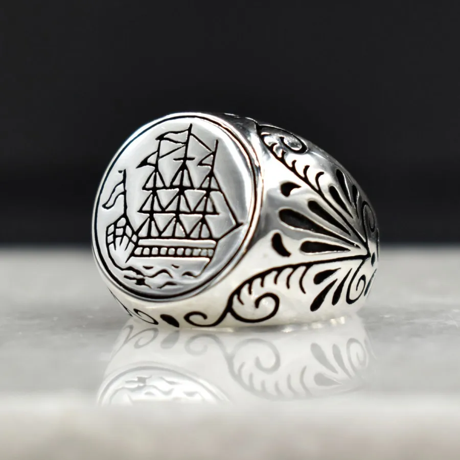 Genuine 925 Sterling Silver Turkish Ring for Men Natural Signet Sailor Ship Mens Cool Punk Male Rings Fashion Jewelry Gift