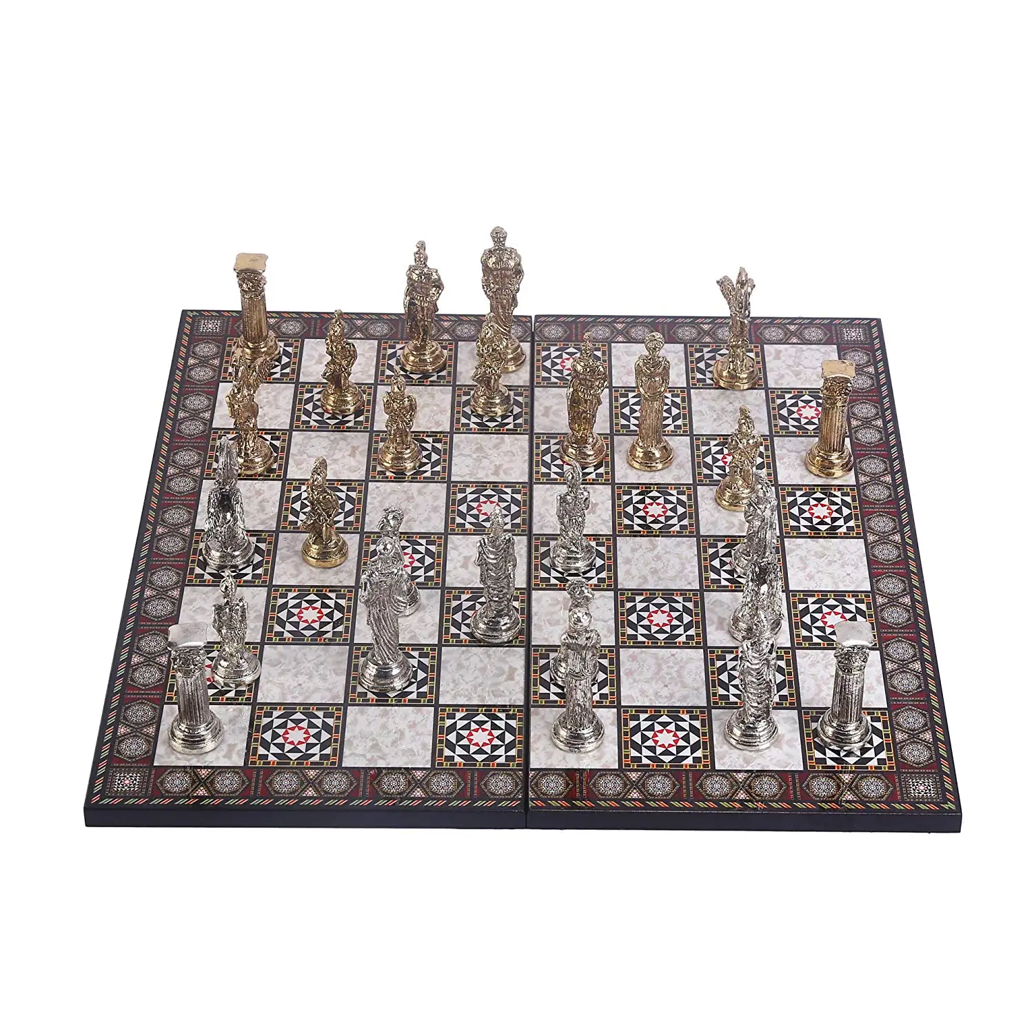 Mythologic Pegasus Figures Metal Chess Set for Adult,Handmade Pieces and Mother-of-Pearl Design Wood Chess Board King 9.5cm