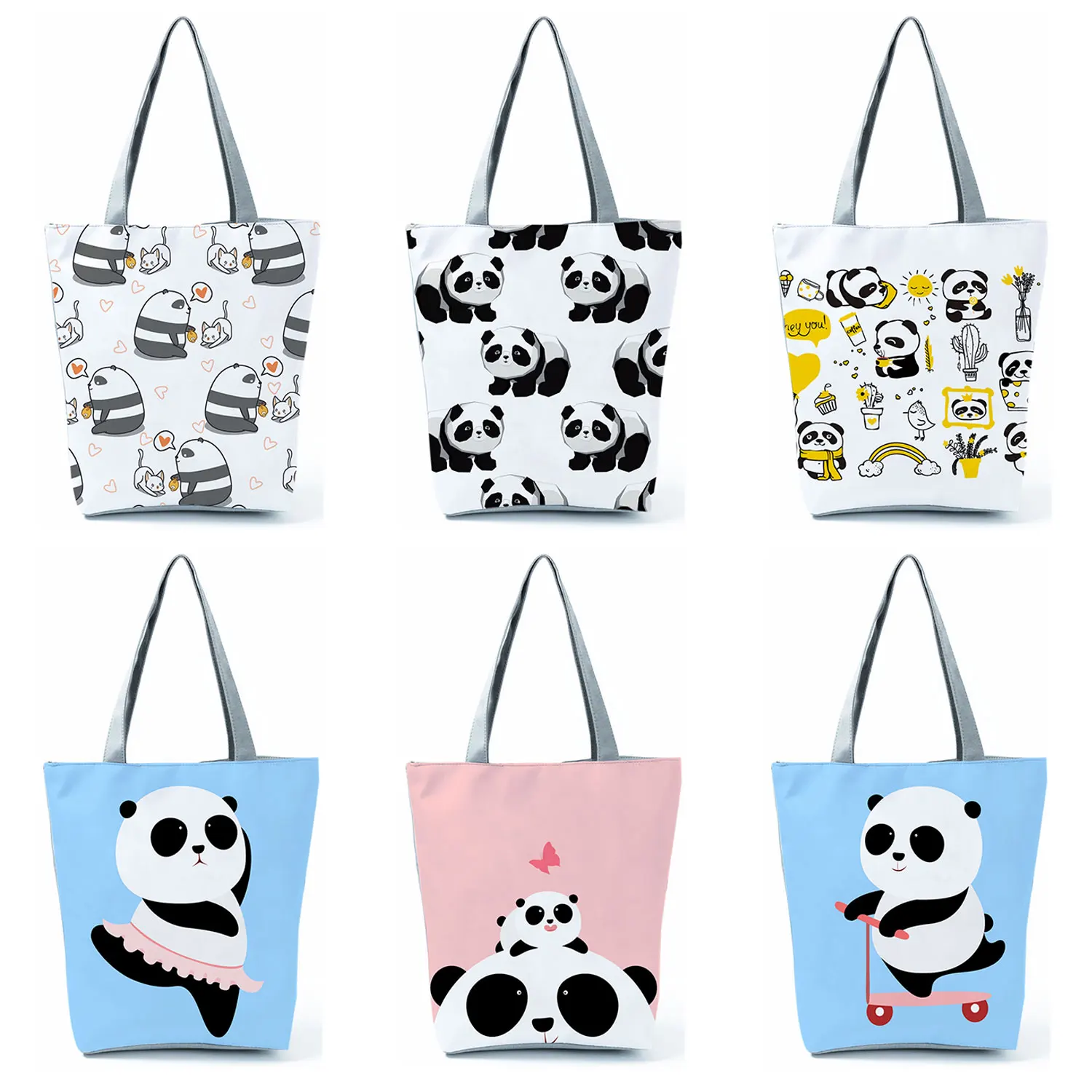 

Panda Handbags High Capacity Eco Reusable Women Shopping Bag Cute Cartoon Graphic Travel Beach Bag Blue Tote Bag Custom Pattern