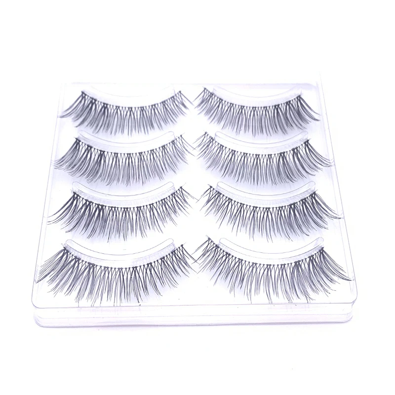 4 Pairs Silk Strip Eyelashes Volume False lash Natural Long Black Handmade Clear Band  Eye LashesSet