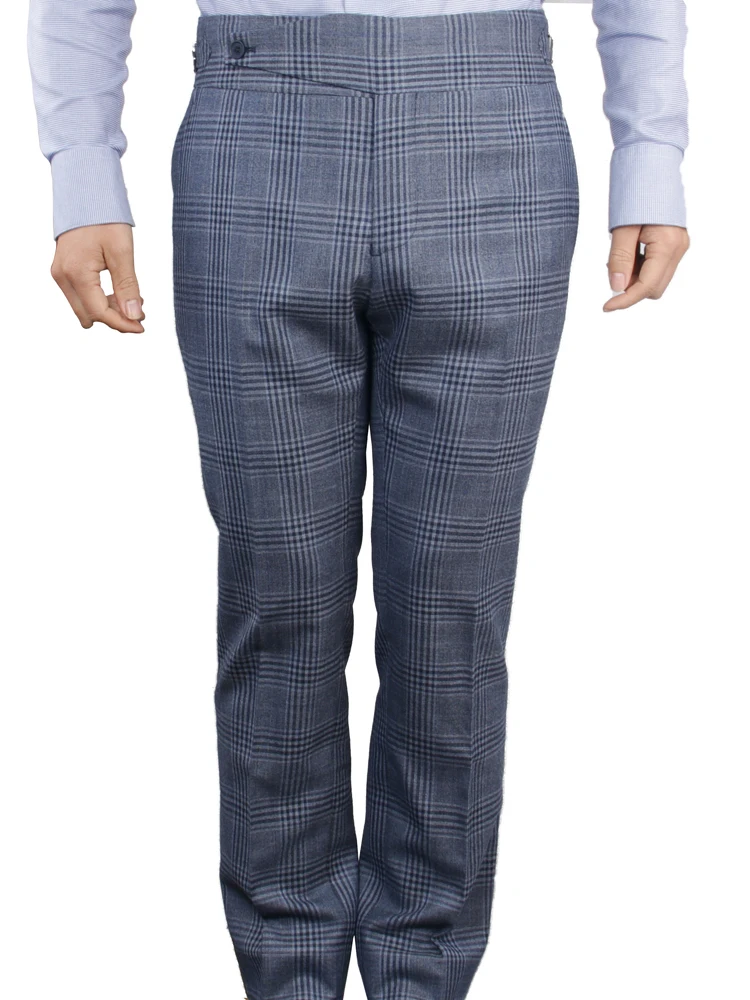 Italian Naples Style Tailor Made Trousers Large Extended Tab Fastening Belt Thick Waistband Side Adjuster Blue Grey Plaid Tailor