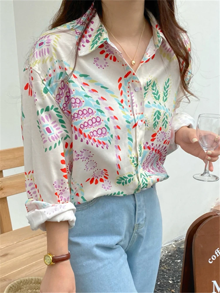 Colorfaith New 2022 Fashion Shirts Print Floral Vintage Women Spring Summer Retro Elegant French Style Blouses Lady Tops BL1562