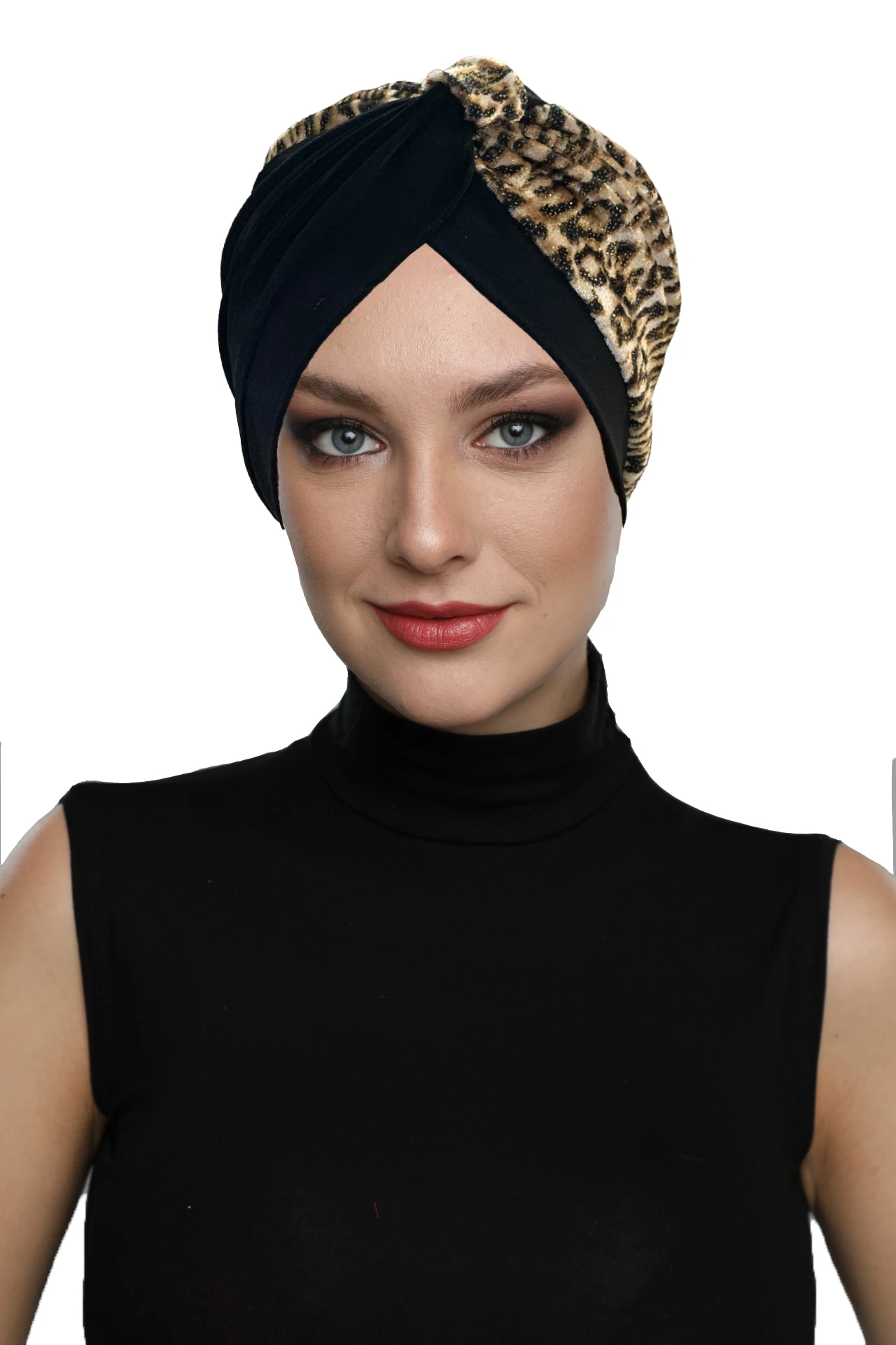 

2024 New Fashion Cross Leopard On Black Ready Turban Hijab Bonnet Scarf Cancer Cap Special Women Product Beret Muslim Liner