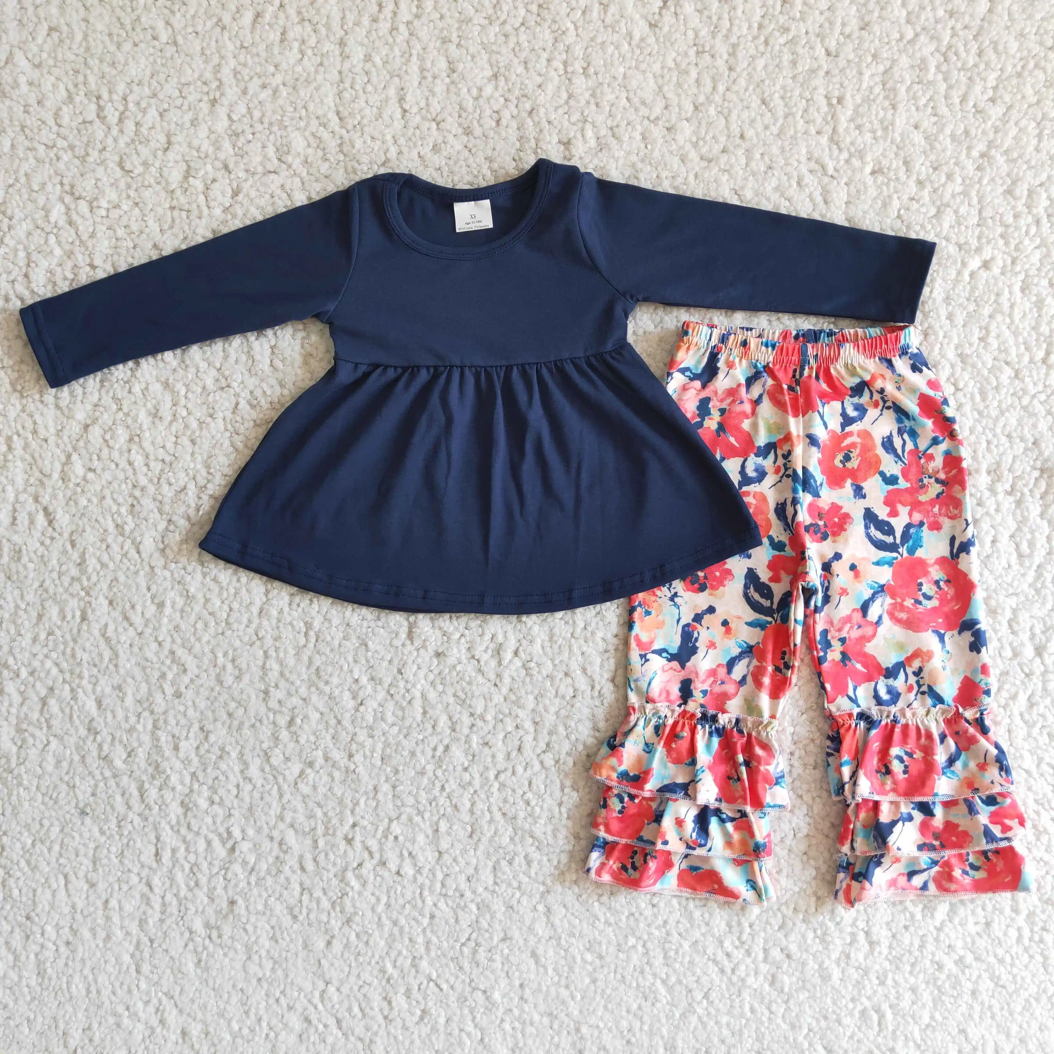 

Autumn and winter girls pure cotton navy blue long sleeved blouse flower print ruffled trousers girls boutique clothing 2pcs