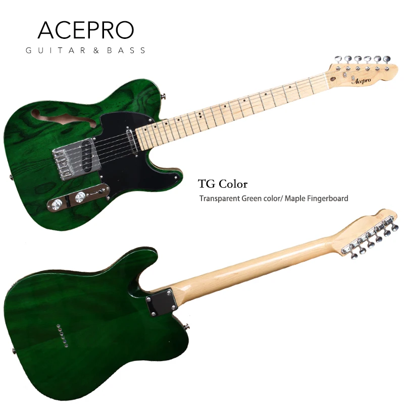 In Stock Acepro F hole Electric Guitar Green Solid ASH Top, High Quality Guitarra Parts, Chrome Hardware, Free Shipping