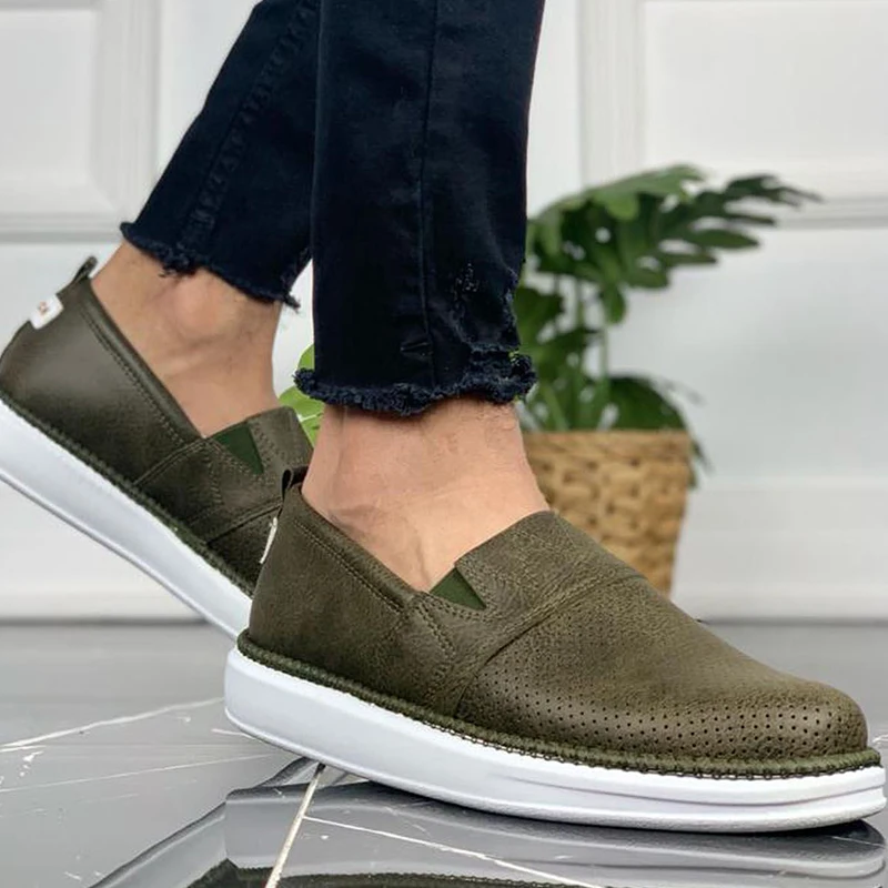 Chekich Men's Shoes Khaki Color Non Leather Slip On Spring and Autumn Seasons Sneakers Casual Breathable Business White Base Sewing Sole Lightweight Flexible Green Footwear Suits Formal Walking Comfortable CH091 V3