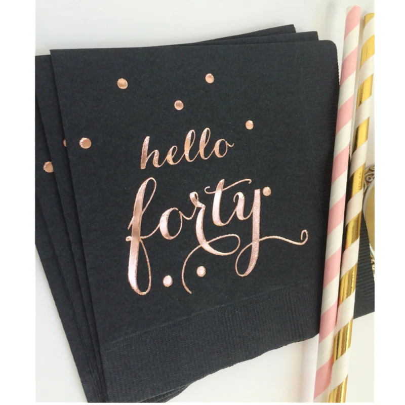 Personalised Hello Forty Black Metallic Rose Foil Cocktail Beverage Napkins 3 Ply Happy Birthday 40th Hello Forty Rose Gold Foil