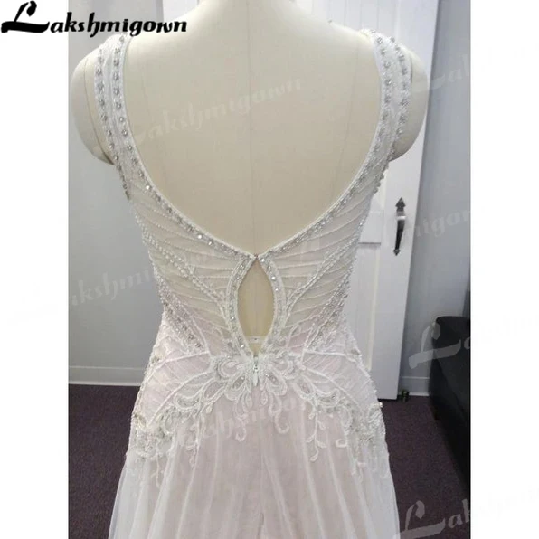 Hermoso vestido de novia bohemio, vestido de tul suave, gasa, encaje, Cuentas, cristales, longitud de la campana, Vestido largo de tren