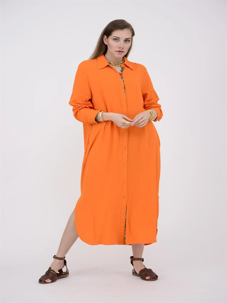 

Patterned Collar Long Cotton Fabric Viscose Shirt Dress 2022 New Fashion Women's Clothing 5 Color Options