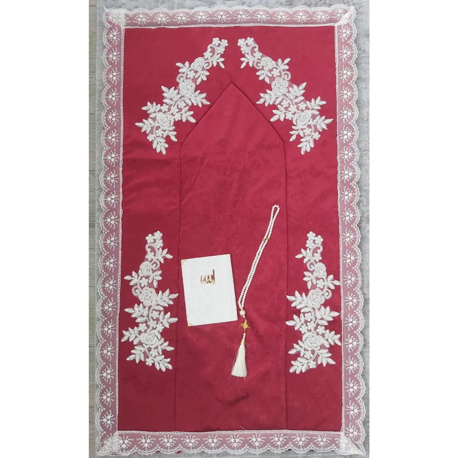 

GREAT GIFT Claret Red French Lace Velvet Prayer Rug Dowry Bundle Set 3 Pcs MUSLIM PRAYER COVER EASY TO USE.