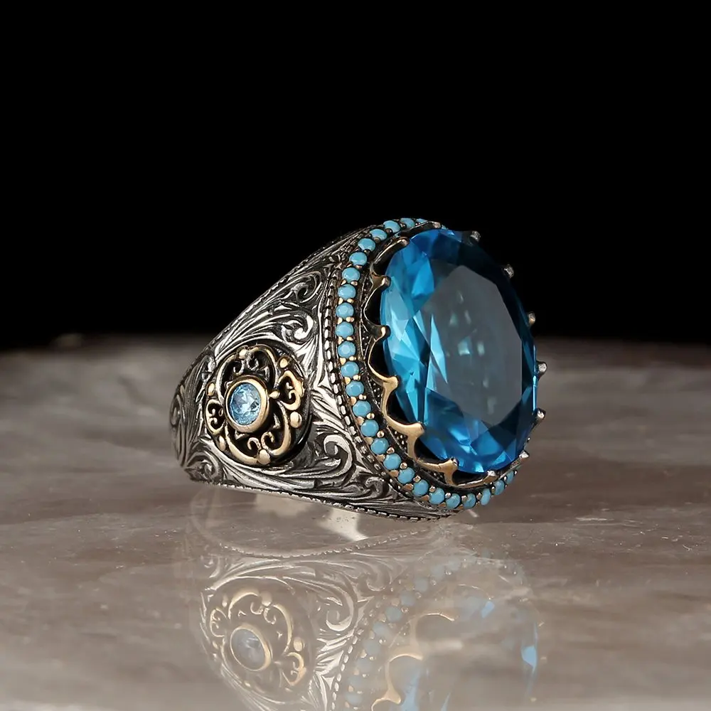 

Mens Ring 925 Sterling Silver Ring Blue Topaz Gemstone Men Rings Male Jewelry Rings For Men Women `s Rings Men Jewelry