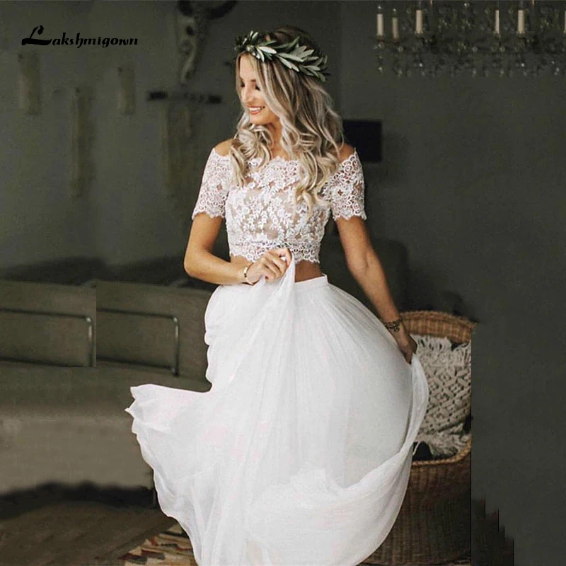 Charmant Boho Twee Stukken Bridal Bruidsjurken Lace Top Korte Mouwen Boothals Trouwjurken Voor Bruid Gown 2023 Vestidos