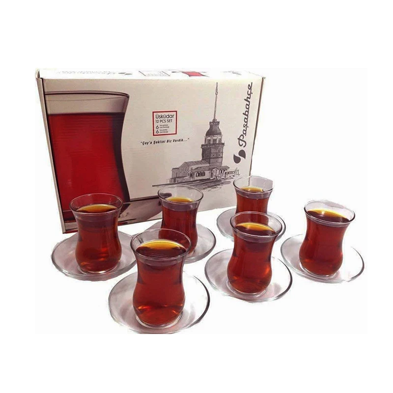 Pasabahce Uskudar Turkish Tea Glasses and Saucers Set 6 Glasses 6 Saucers Gift New Year Christmas Made in Turkey