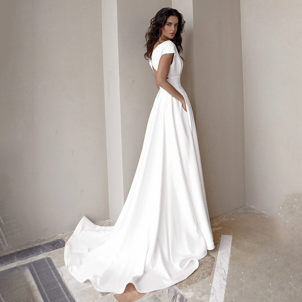 Robe de mariée longue en Satin, col en V, fente haute, Simple, ligne A, sur mesure, grande taille, dos creux, froncé, traîne