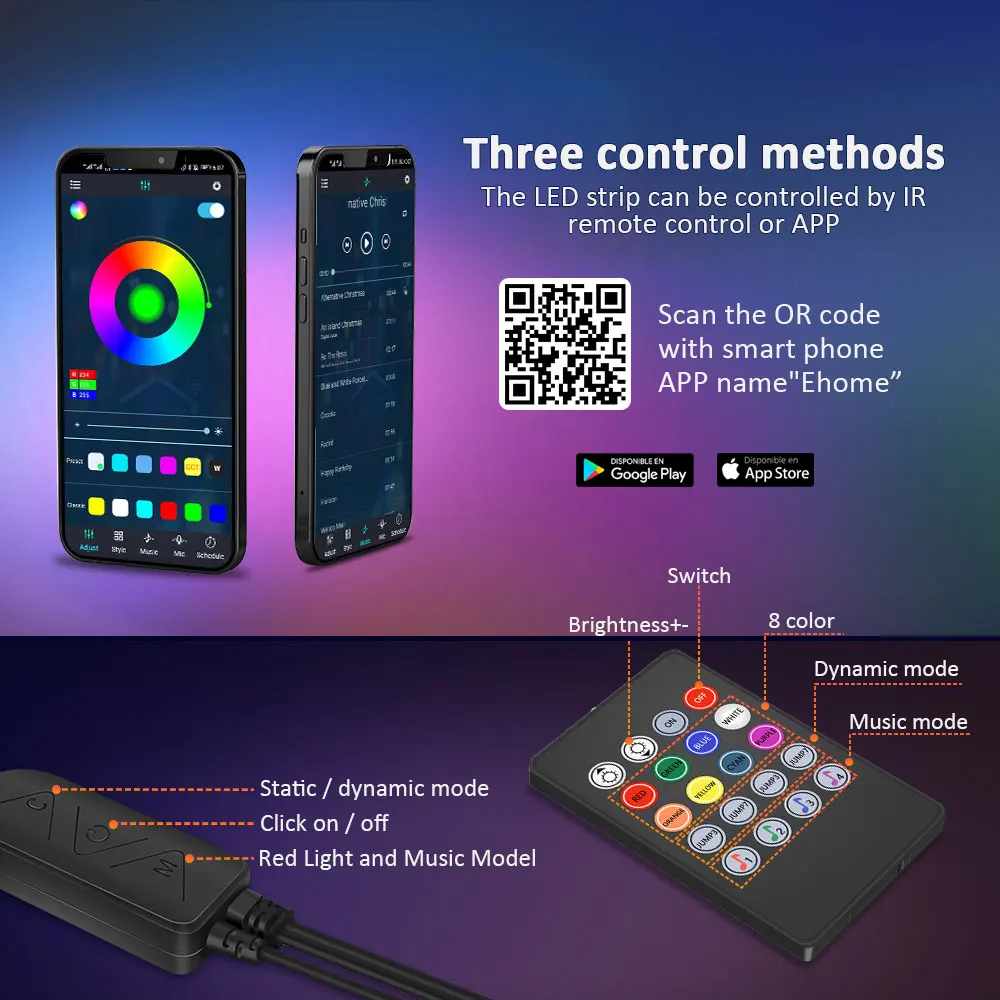 Led Strip Lights,Bluetooth App Control  RGB LED Light Strip with 44 Keys IR Remote for Room decor, Party,Karaoke Neon light