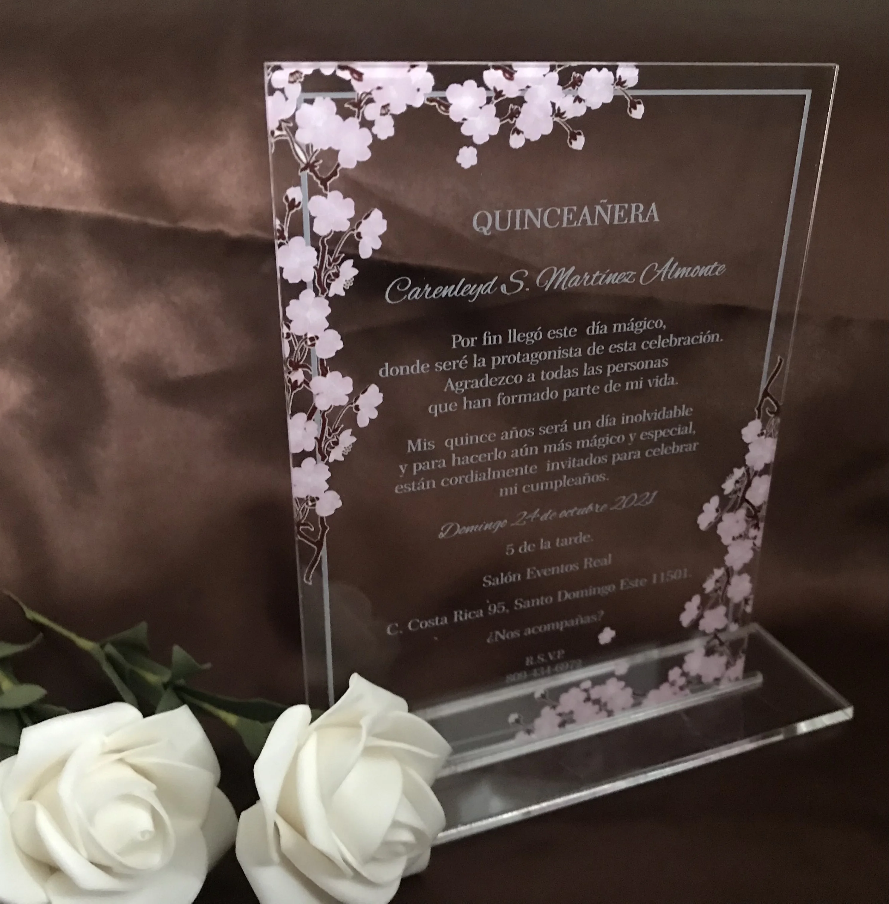 

Custom Cherry Blossom Acrylic Quinceanera Invitation, Wedding Menu, Favor Party Gift Decoration, 10Pcs