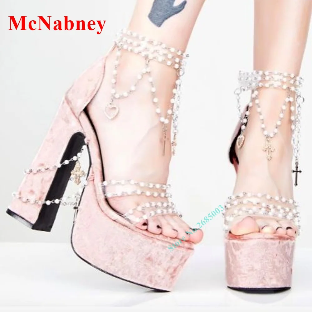 Pearl Fringe Chain Sexy Sandals Open Toe Chunky Heel Platform Suede Hollow Sandal Women Shoe Summer Party Dress Style Hook Loop