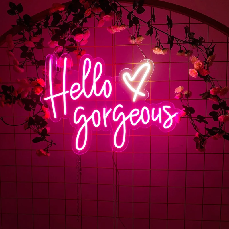 

Custom Neon Sign Hello Gorgeous with Heart Neon Lights LED for Wall Bedroom Restaurant Shop Window Bar Party Wedding Decoration