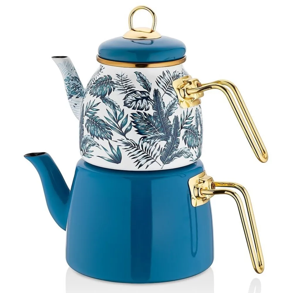 Enamel Gold Luxury Large Teapot Set White Blue Leaf Pattern