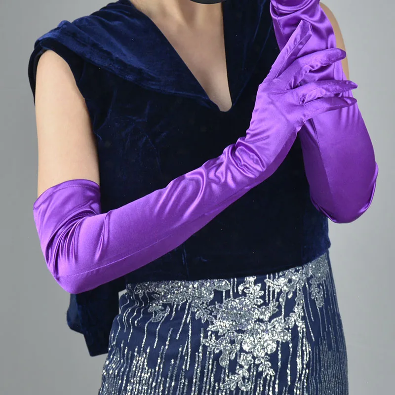 

Purple Women's Evening Party Formal Gloves Solid Color Satin Long Finger Mittens for Events Activities White Gold Female Gloves