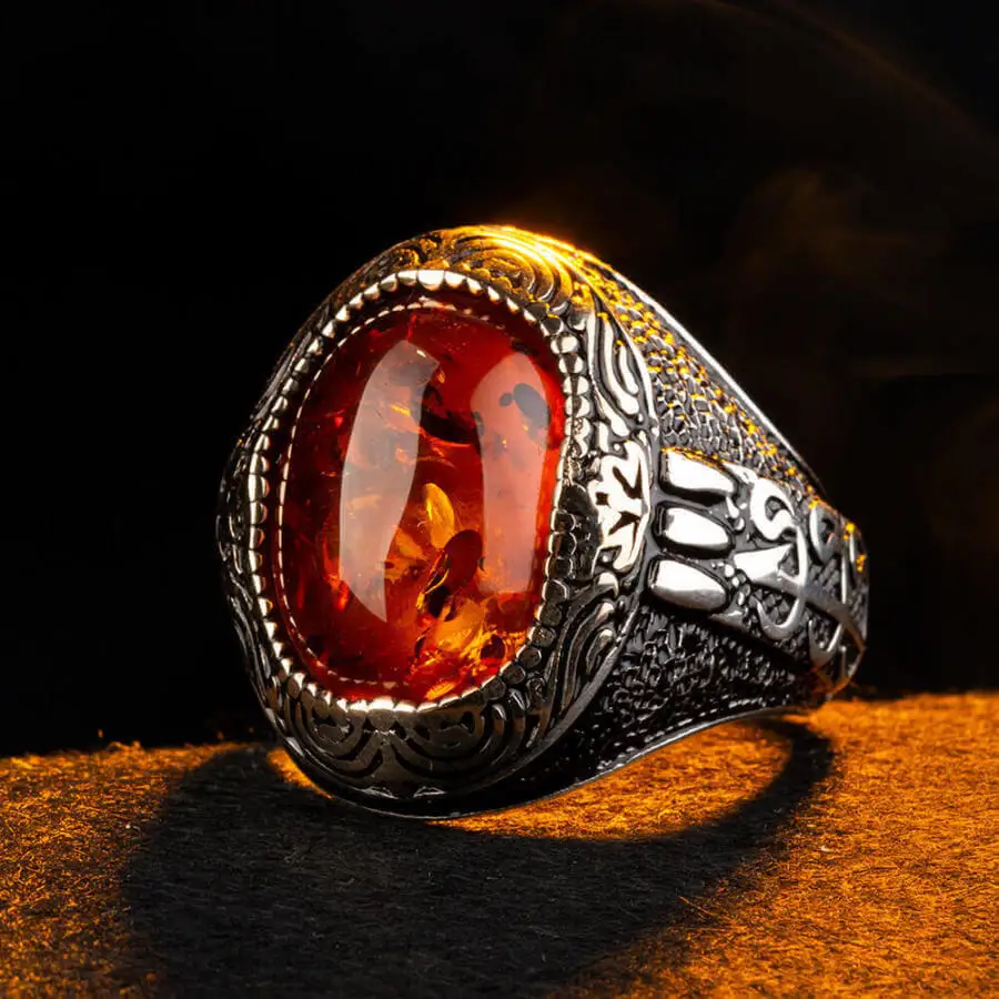 Intricately Inlaid Silver Letter V Mens Ring with Synthetic Amber Stone Fashion Turkish Premium Quality Handmade Jawelery