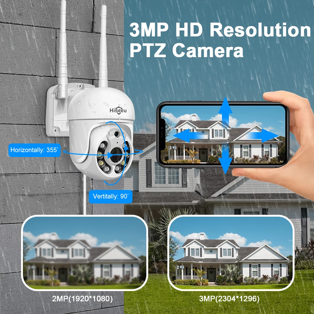 Hiseeu-Caméra de surveillance extérieure PTZ IP WiFi HD 3MP/1536p, dispositif de sécurité sans fil, avec n'aime numérique x5, audio et protocole P2P