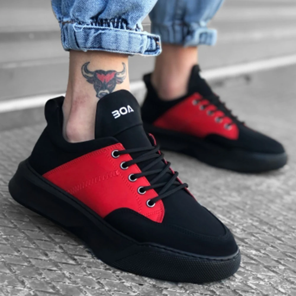 BA0163 Laced Men's High Sole Black Red Sneakers Men's Shoes Men's Sports Shoes New Model Shoes Casual Shoes Style