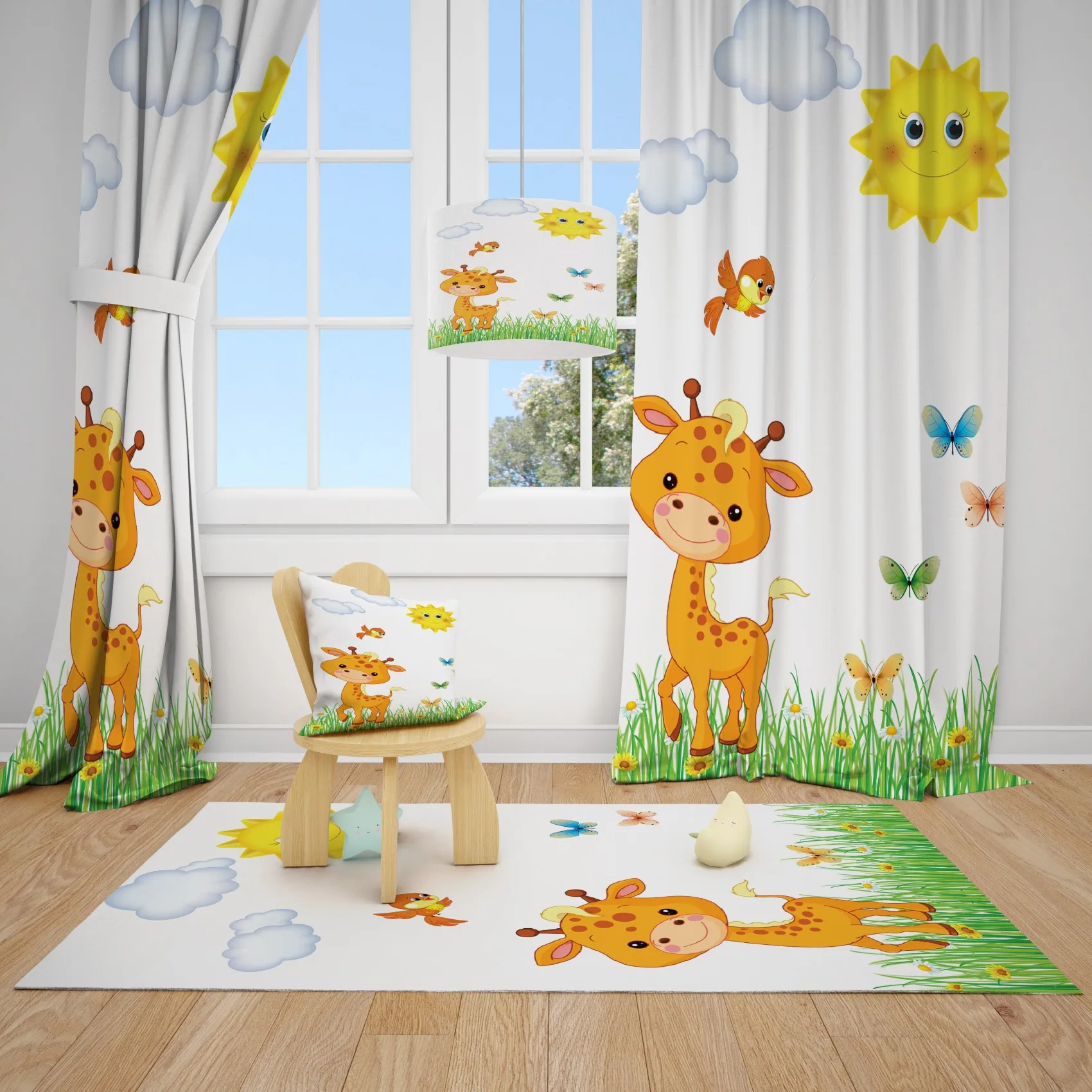 Cute Giraffe Green Lawn Kids Baby Room Backdrop Curtain eğlençe ornament