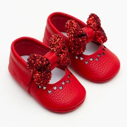 Mocasines de piel auténtica con lazo rojo para niña, botines de bebé hechos a mano en Turquía