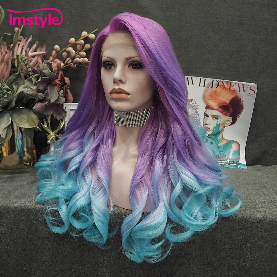 Imstyle Ombre fioletowy niebieski peruka syntetyczna koronka peruka Front naturalne peruka z falowanymi włosami Multicolor Cosplay peruki dla kobiet