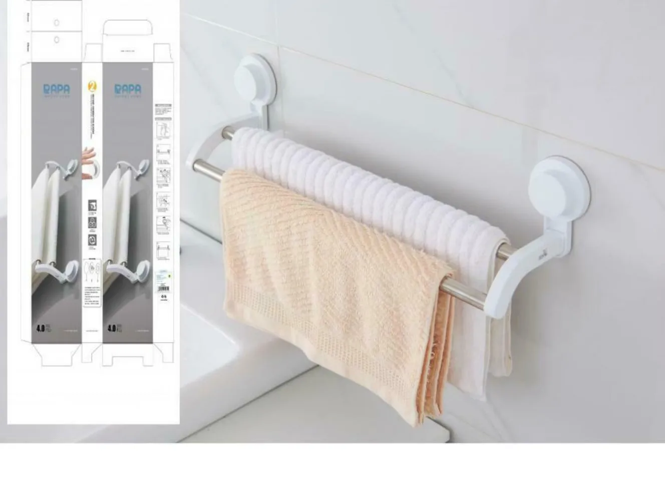 Metal and PVC plastic wall double bar towel rack with strong adhesive suction cup for towels