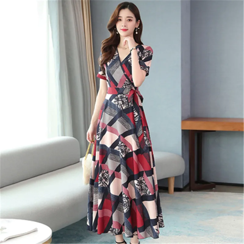 Korean style chiffon dress for women, new temperament, waist, thin and large swing, long fashion, floral design, Summer