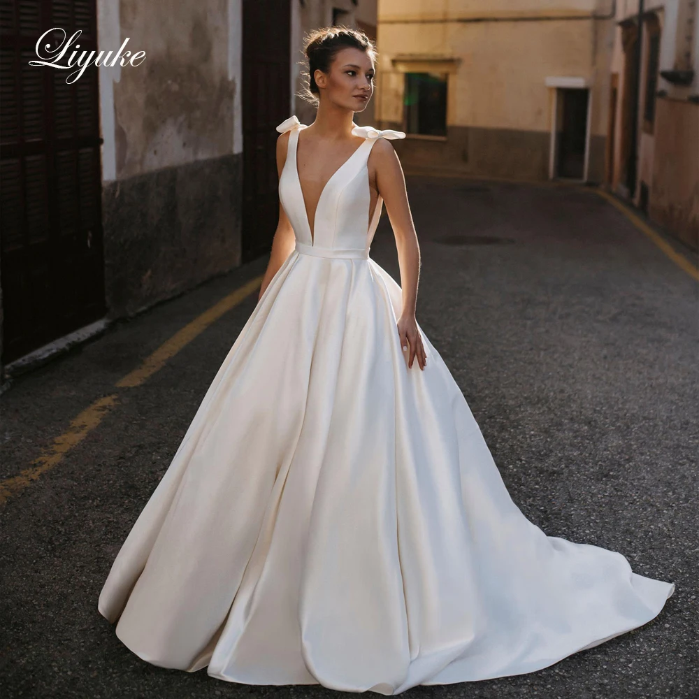 Liyuke Prachtige Satin V-hals Een Lijn Trouwjurk Met Boog Backless Baljurk Vestido De Noiva