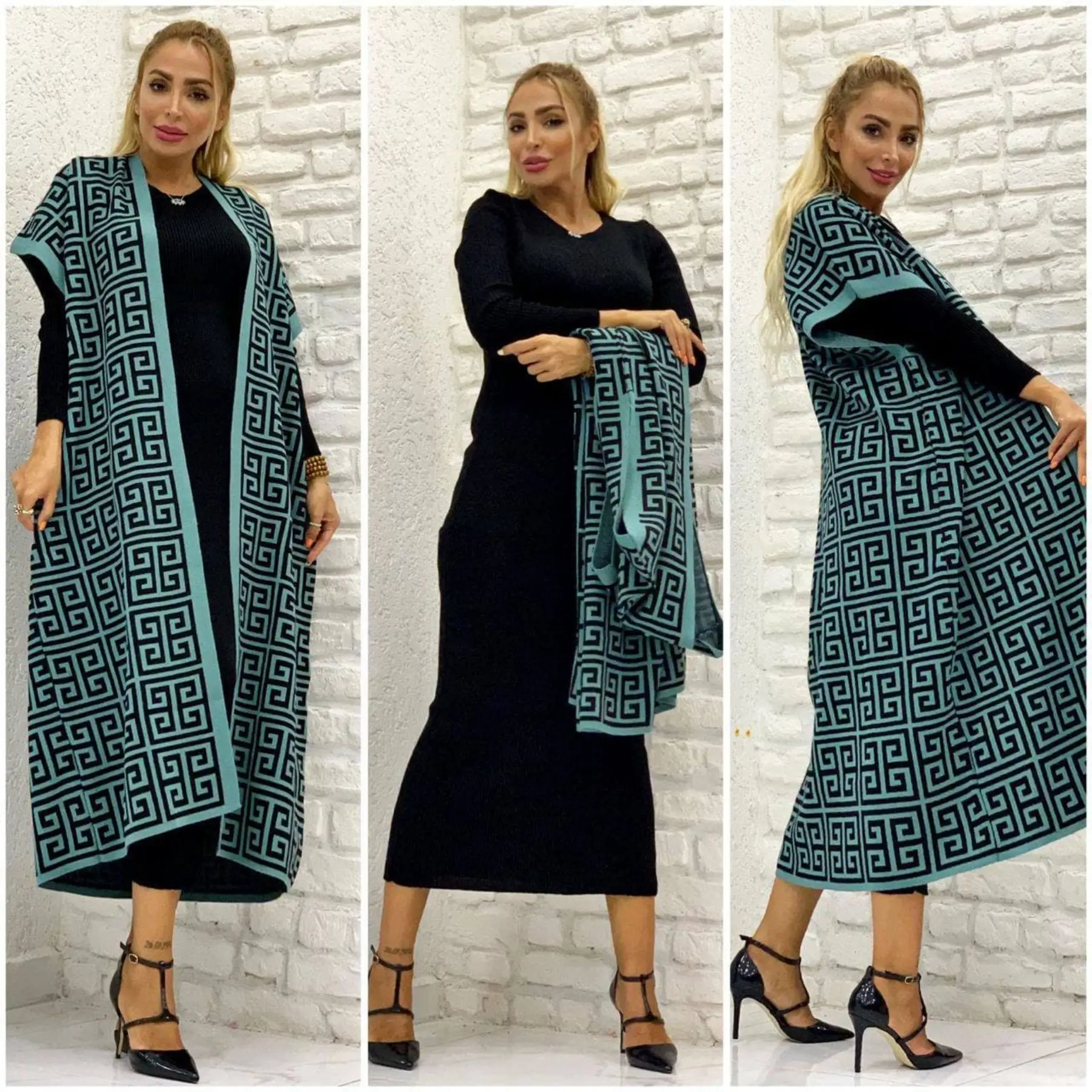 2 Piece Women\'s Set %100 Cotton Knitwear From Turkey Turtleneck Dress and Cardigan Suit Elastic Waist Loose Fit Big size African