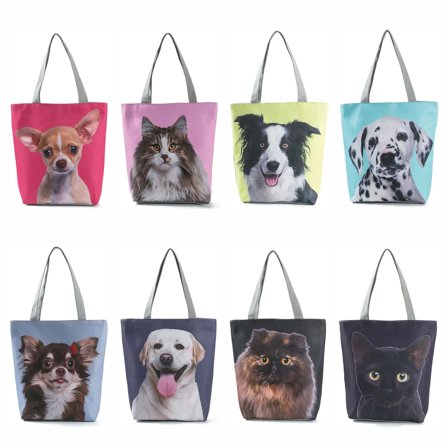 Fashion Animal Handbags Cats Dog Print Tote Travel Women Shoulder Bag Female Foldable High Capacity Shopping Bag Custom Pattern