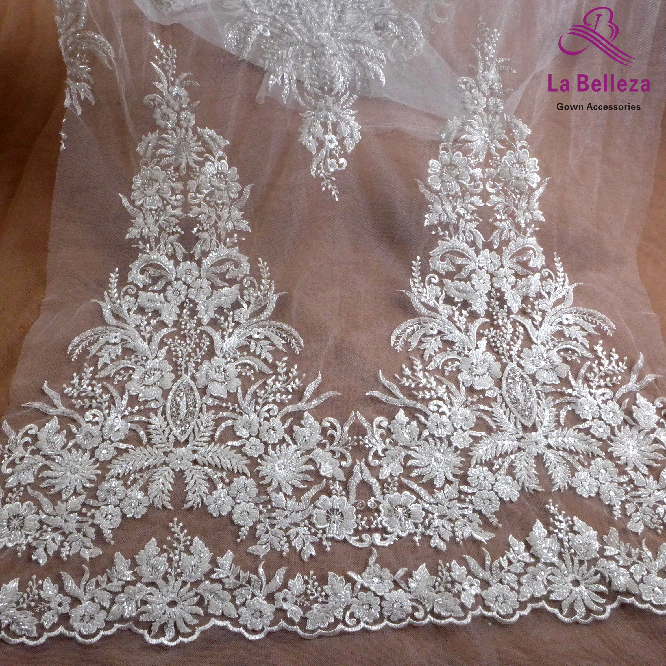 1 yard white bridal fabric, sequins beads embroidery wedding dress lace fabric,two side patterns gown lace,ivory gown lace