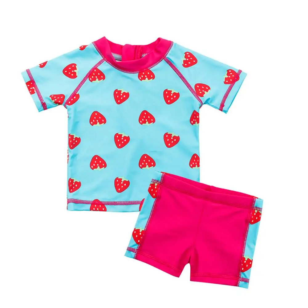 Wishere Strawberry Printed Swimwear Two Pieces Baby Girl's Swimsuit Sun Protection Kids' Sunsuit Short Sleeves Infant Beachwear
