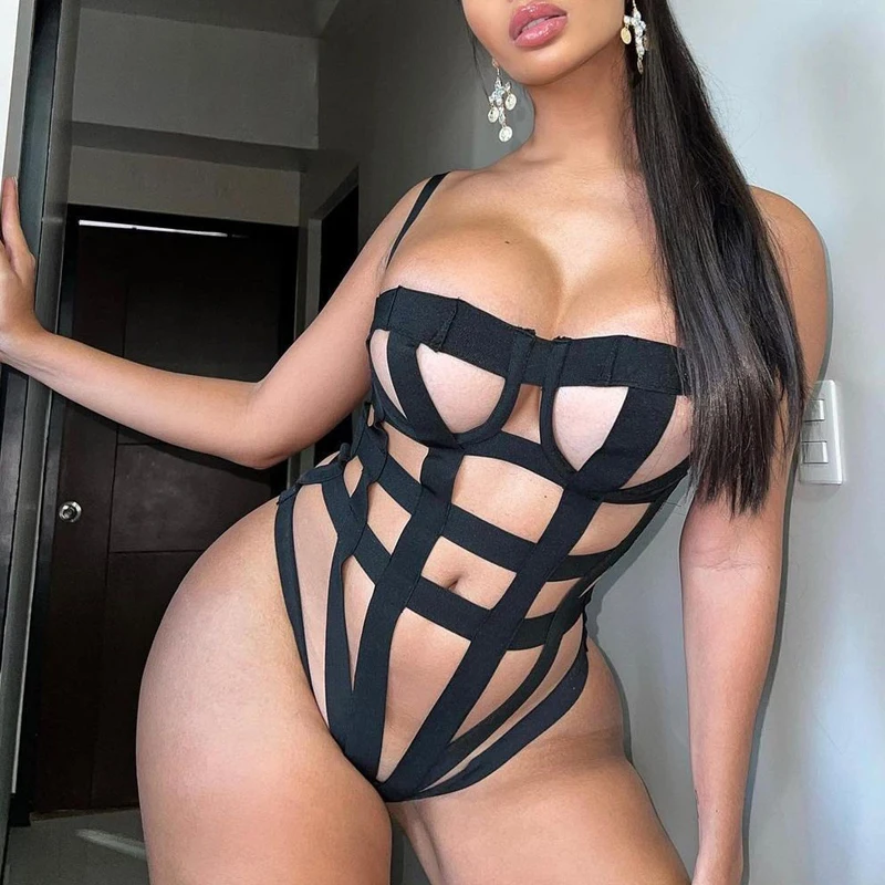 

2022 Women Sexy Harness Bodysuits Lingerie Strappy Bondage Transparent Erotic Costumes Hollow Out One-piece Sensual Sets Black