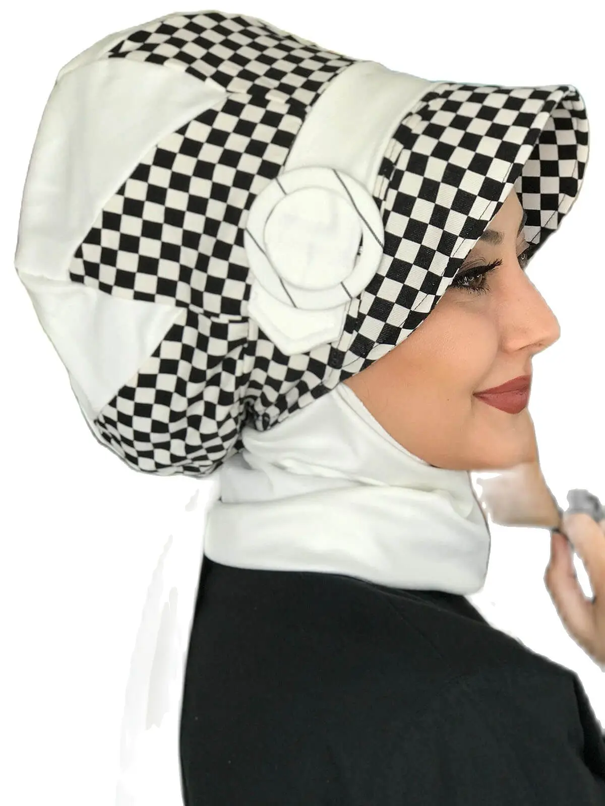 New Fashion 2021 Headscarf Turban Women Hat Spring Scarf Bad-I Saba White Checkered Passionflower Buckle White Scarf Hat