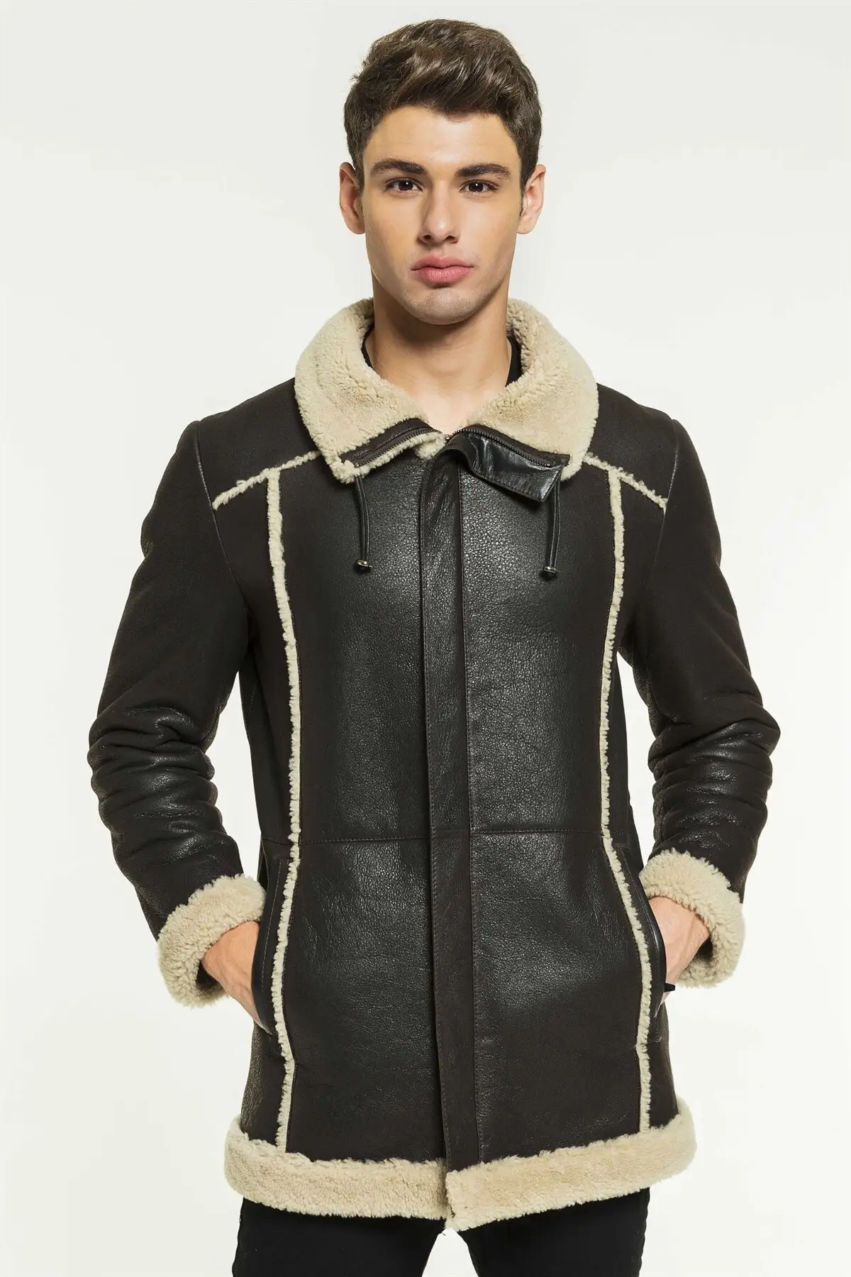 

free shipping Fast Fashion genuine sheepskin black jacket winter fur leather jacket