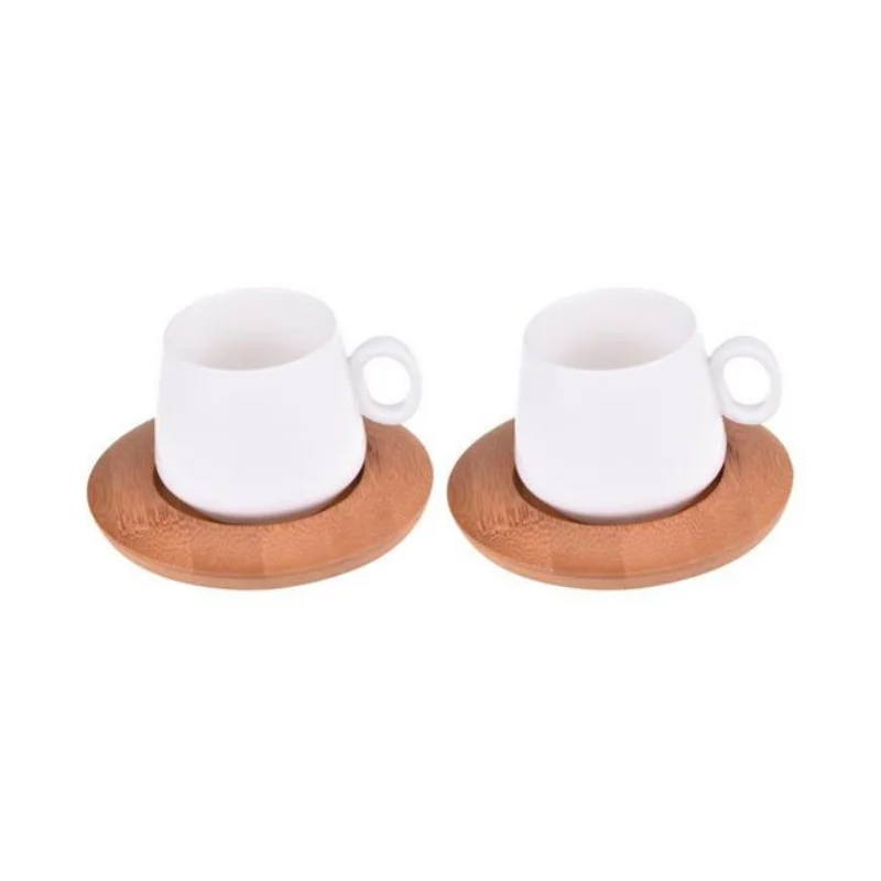 Contact us 24/7 for all your questions   2 Pieces Cup Set-Bamboo Plate Ceramic Cup-Keramika Cappicino Turkish Coffee Cup Set