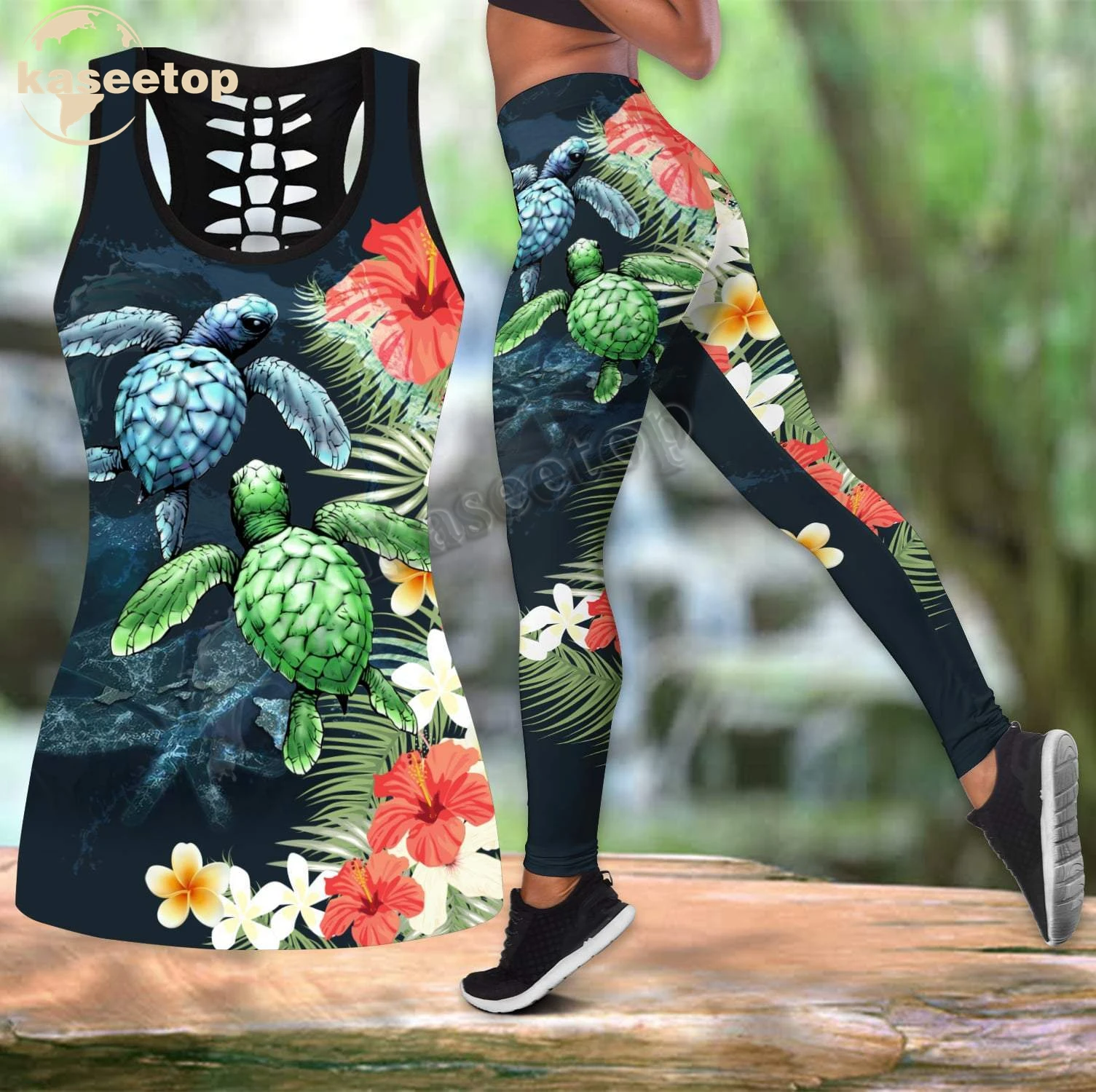 Female Turtle Hawaii 3D Print Women Two Piece Yoga Set Vest Hollow Combo Tank Top Legging Waist Sport Fitness Quick Dry LK285