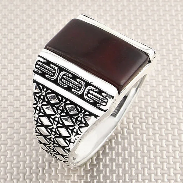 Elegant Design 925 Sterling Silver Plaid Patterned Flat Stone Onyx Tiger EyeBiker Men's Ring Business Jewelery Accesory Gift Him