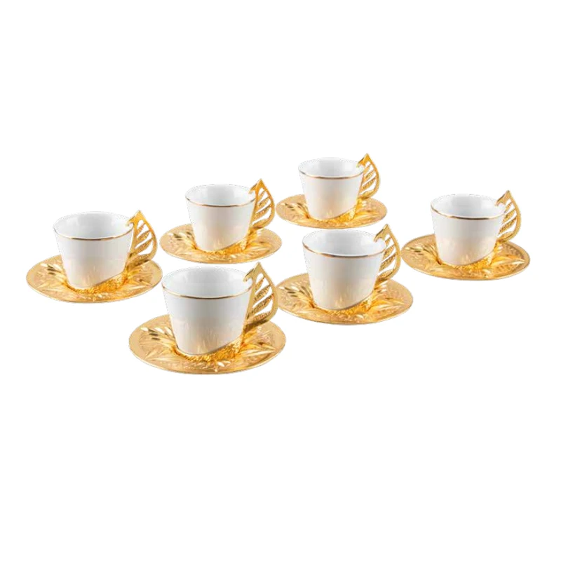 Set 6 Person Turkish Greek Arabic Coffee Espresso Leaf Pattern Gold Silver High Quality Zamac Porcelain Made in Turkey