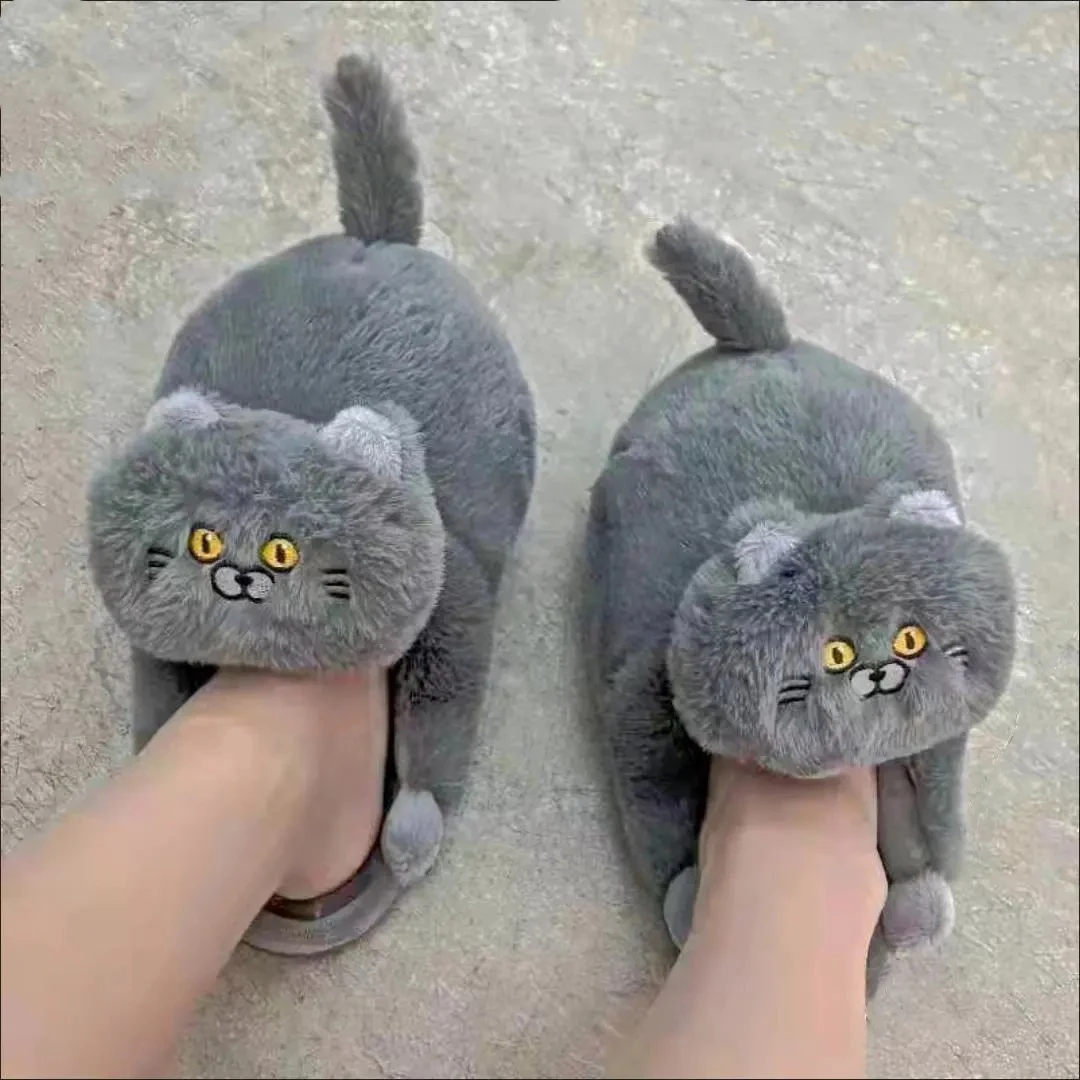 Cosy Cute British Shorthair Cat Slippers For Women Men Who Loves Kitty Indoor Fluffy Plush Home Shoes Fur Slides Mules Slippers