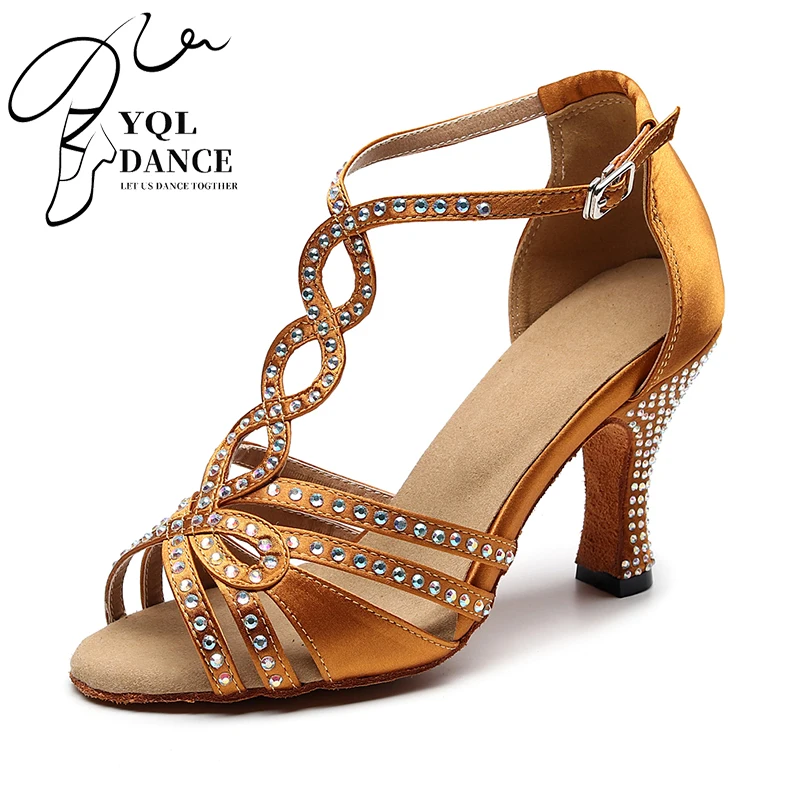 

Woman T-strap Crystal Latin Dance Shoes Girls Brown Black Suede Leather Ballroom Shoes Dancing Girls Performace Shoes 78.5cm/9cm