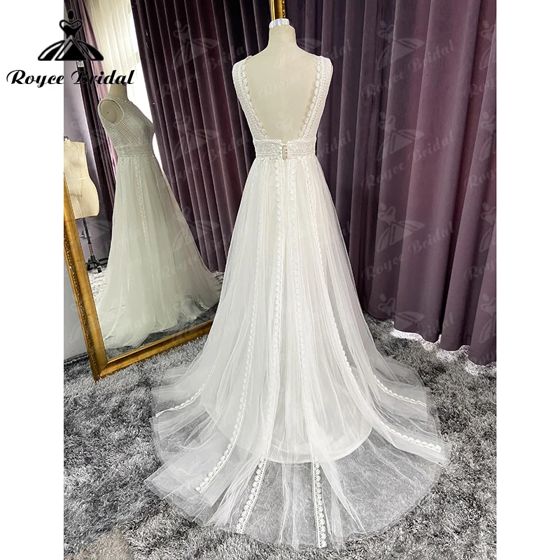 Boho O-Neck Off the Shoulder Lace Appliques A-Line Wedding Dress 2022 Tulle Bridal Gown Sweep Backless Button robe de mariée